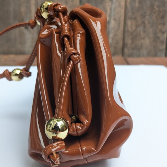 Brown Leather Crossbody Bag Small Pouch Purse with Gold Beads Shiny Mini Bag NW - Picture 7 of 11